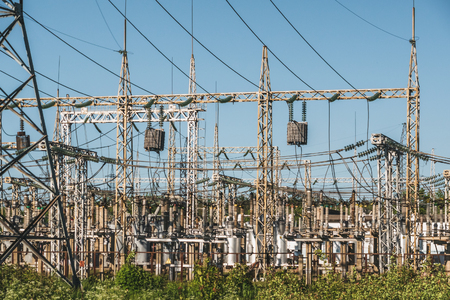 High voltage power lines and Electricity Power transformer station.