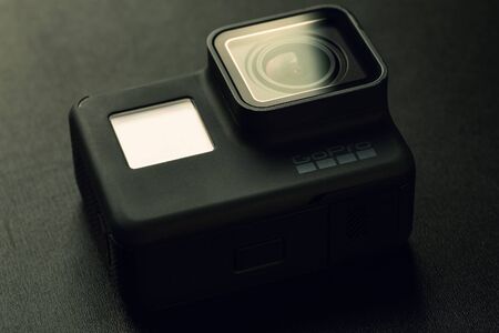 Russia, Moscow - February 3, 2018: GoPro HERO 6 action camera on black background. Waterproof camera body and modern high-definition video formats supportのeditorial素材