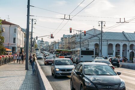 Vladimir, Russia - circa August 2018 : City traffic cars on street in downtown of Vladimir, Russia...