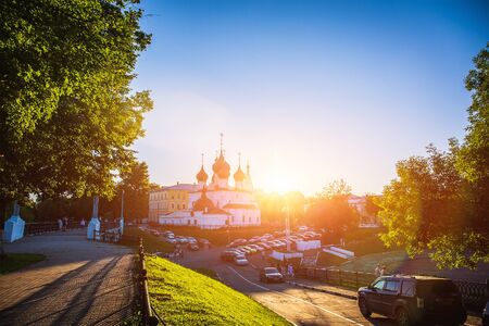 Yaroslavl, Russia - Circa August 2018 : Ancient orthodox church near the embankment at sunset, Yaroslavl - one of the oldest Russian cities, founded in the XI century, Golden Ringのeditorial素材