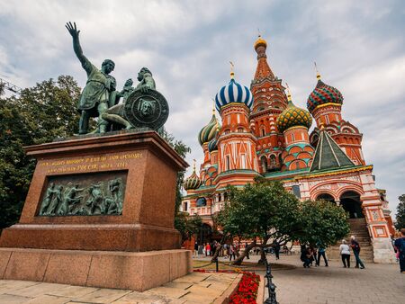 Moscow, Russia - CIRCA September 2016 : Monument to Minin and Pozharsky and St. Basil Cathedral on Red Square in Moscow, Russia.のeditorial素材
