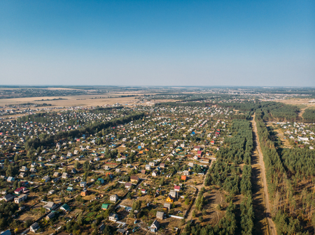 Aerial view of nature landscape with village countryside among forest and fields in Voronezh, Russia, Drone photoの写真素材