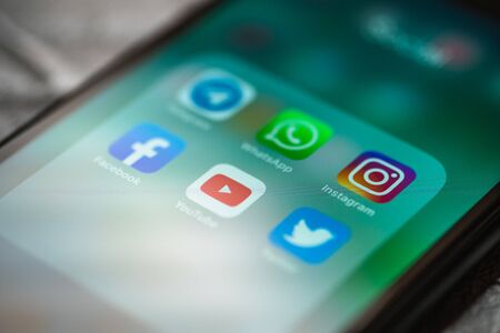 Moscow, Russia - Circa August 2019 : Iphone XR close up with icons of popular Social Media app or applications on screen for smartphone use lifestyle.のeditorial素材