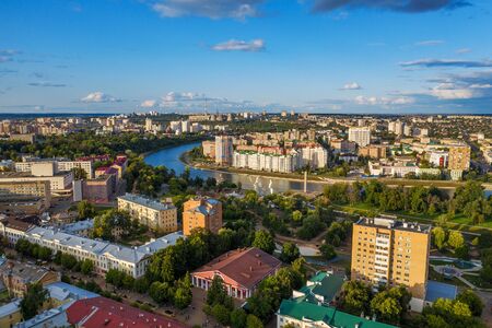 Aerial Panoramic view of historic center of Oryol or Orel city, Russia with bridge, Oka river, historical buildings and Orthodox temples, drone photoの写真素材
