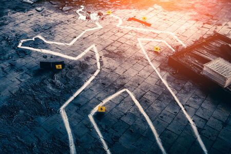 Body chalk outline, blood, markers with numbers and knife - crime scene, Police investigation...
