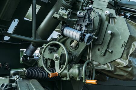 Russian military anti-tank artillery gun, close up of guidance and control mechanism.