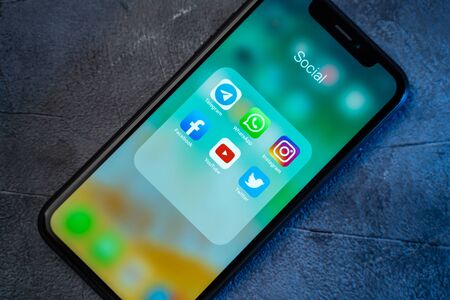Moscow, Russia - Circa August 2019 : Iphone close up with icons of popular Social Media app or...