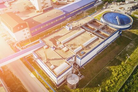 Water Treatment Plant with Round Cylinder of Clarifier Sedimentation Tank, Aerial Top View from...