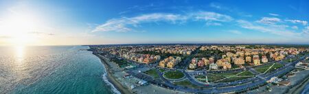 Ostia beach aerial panoramic view from drone. Ostia Lido near Rome, Italy. Beautiful sea, coast and...