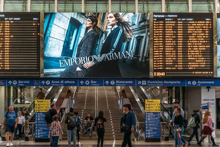 Rome, Italy - circa October 2019: Termini station inside with many people at night, Roma Termini is one of the largest train stations in Europe.のeditorial素材