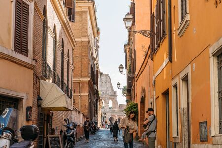 Rome, Italy - October 2019 : Rome city street and old architecture buildings in historic center, Italian capital.のeditorial素材