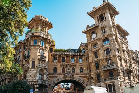 Roman Old beautiful house with sculptures and decorations on ancient building in historic old town...