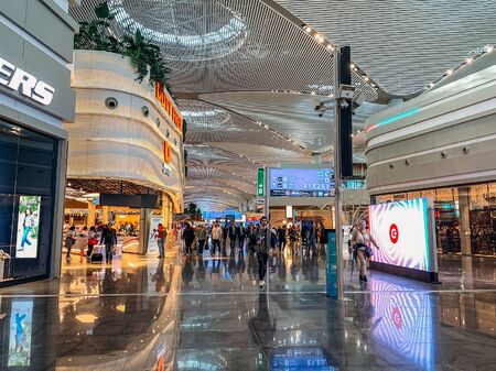 Istanbul, Turkey - October 2019 : Interior view of new Istanbul airport with many stores, shops and...