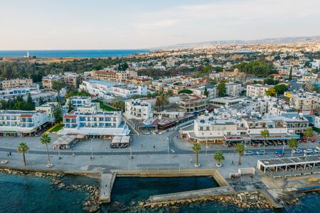 Aerial view of Paphos embankment or promenade from water. Famous Cyprus mediterranean resort. Travel concept, drone photo.の写真素材