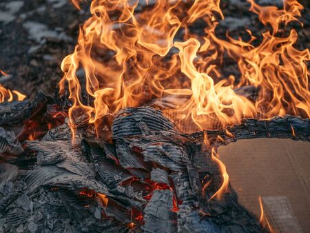 Burning paper on dark background, close up.