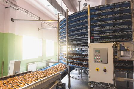 Pastry on conveyor line, food production factory, close up.