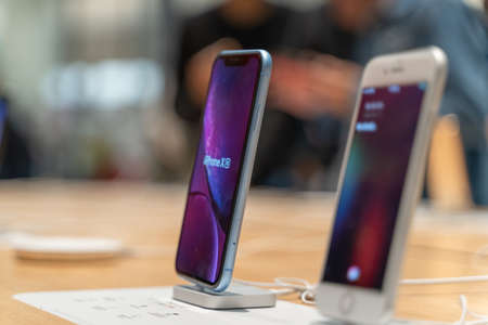 Dubai, UAE - February 2020 : Apple iPhone XR on sale in official Apple Store.