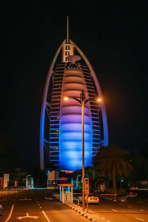 Dubai, United Arab Emirates - February 2020 : Burj Al Arab hotel at night view. Burj Al Arab is one of most famous Dubai landmarks.のeditorial素材