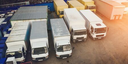 Semi Trucks with Cargo Trailers for Delivery Freight Transportation, Aerial View.