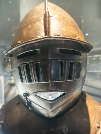 Iron helmet of medieval knight, close up.の写真素材