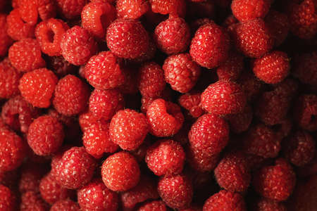 Red Raspberry background, ripe fresh organic raspberries, macro shot close up.