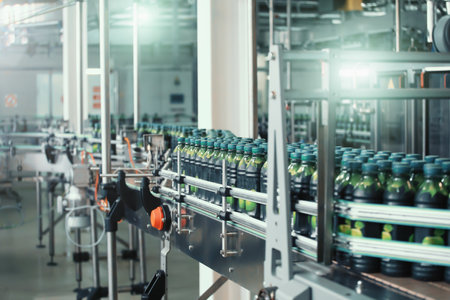 Industrial beverage factory interior. Conveyor with packaging of bottles with juice.の写真素材