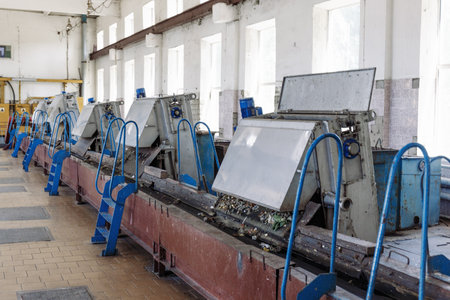 Machinery for sewage filtration from solid impurities at wastewater treatment plant.