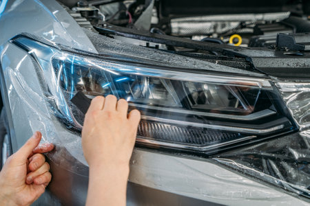 Workers hands wraps wet Paint Protection Film or anti-gravel protection coating on new car headlight. Car detailing.の写真素材