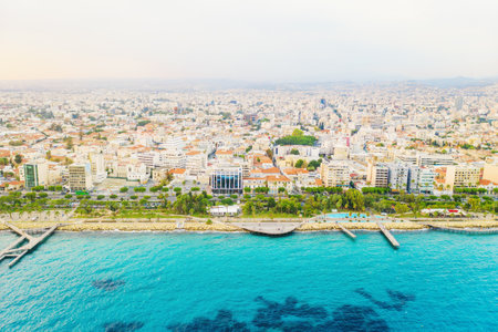 Limassol city coastline aerial panorama, blue mediterranean sea and famous Molos park, Cyprus.の写真素材