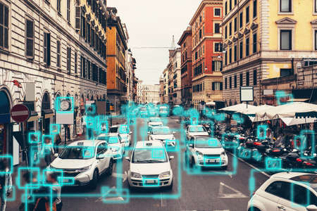 Detection and recognition of cars and faces of people. AI analyze BIG DATA. Artificial intelligence AI concept as technology for safe city in future.の写真素材