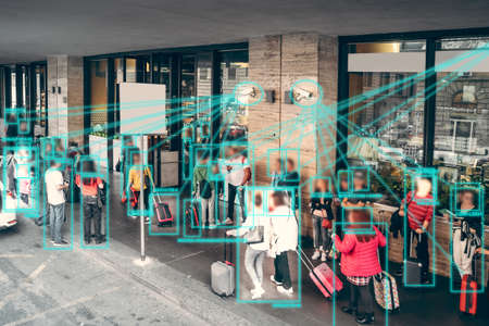 Ai face and human recognition machine technology, automatic learning software for digital analyze and detection people. Safety city in future concept.の写真素材