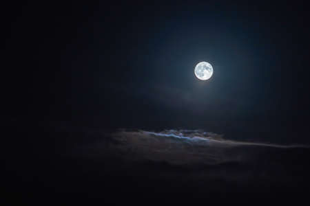 Super moon in cloudy sky. Full moon at night with copy space