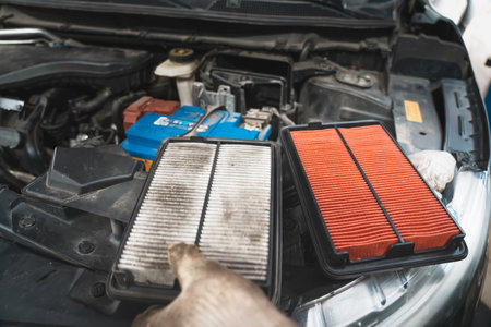 Used dirty Air Filter and New one, timely maintenance and service of your car.