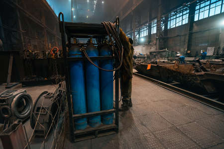 Balloons with gas or oxygen in heavy Industry manufacturing factory workshop. Metallurgy...