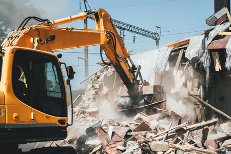 Destruction of old house by excavator. Bucket of excavator breaks concrete structure.の写真素材
