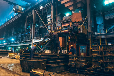 Interior of steel mill. Workers in workshop of metallurgical plant. Foundry and heavy industry building inside background.の写真素材