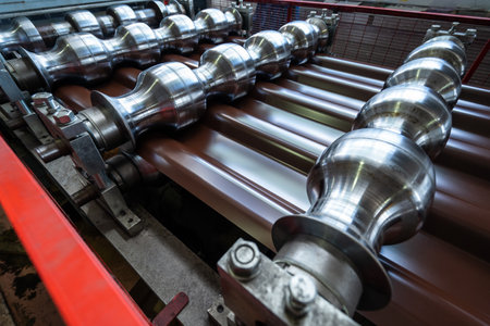 Steel rollers in metalforming machine for production roof tile in factory.の写真素材