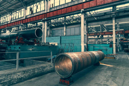 Steel pipes for processing in metal production workshop, metallurgical plant, heavy industry metalwork.の写真素材