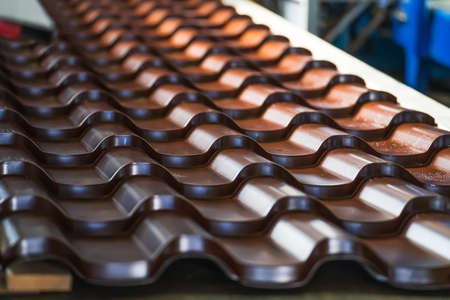 Corrugated galvanized and painted metal tile for modern roof.の写真素材