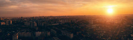 Beautiful sunset over Voronezh city aerial panorama from above, urban evening dusk, tonedの写真素材