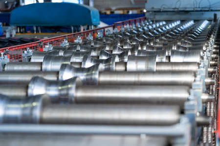 Production line of metal tile for roof. Steel forming machine in metalwork factory workshop. Metal sheet profiling machine.の写真素材