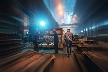 Workers in modern metalworking shop. Foundry workshop interior inside. Heavy industry manufacturing production line. Blurred motion effect.の写真素材
