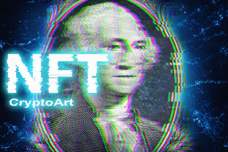 NFT Crypto Art - text on dollar background with glitch effect. Cryptographic network and Non fungible token concept.の写真素材