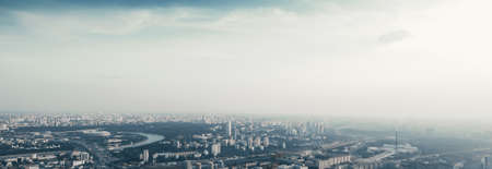 Aerial view cityscape, modern urban skyline, panoramic banner image with copy space for text.の写真素材