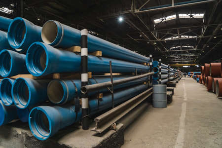 Many steel or iron pipes for water pipeline in metallurgical factory warehouse.
