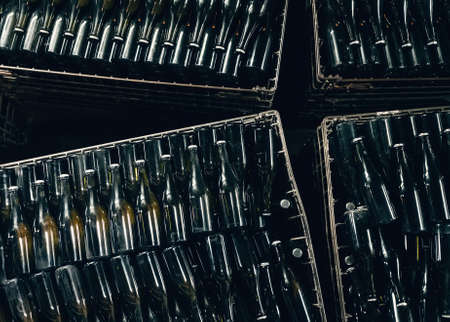 Lot of glass bottles with wine in boxes at winery, top view.の写真素材