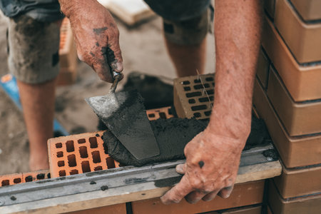 Worker or bricklayer works with trowel laying bricks. Builder makes brickwork on construction site, close up on hands.の写真素材