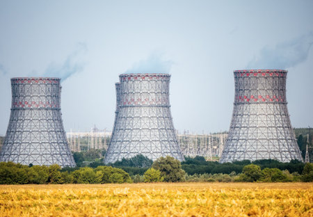 Nuclear power plant. Atomic power station cooling towers.の写真素材