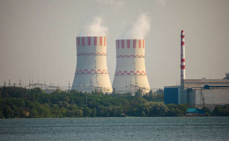 Nuclear power plant. Atomic power station cooling towers.の写真素材