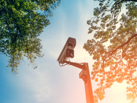 CCTV camera or videcam in outdoor city park. Security ip video camera.の写真素材